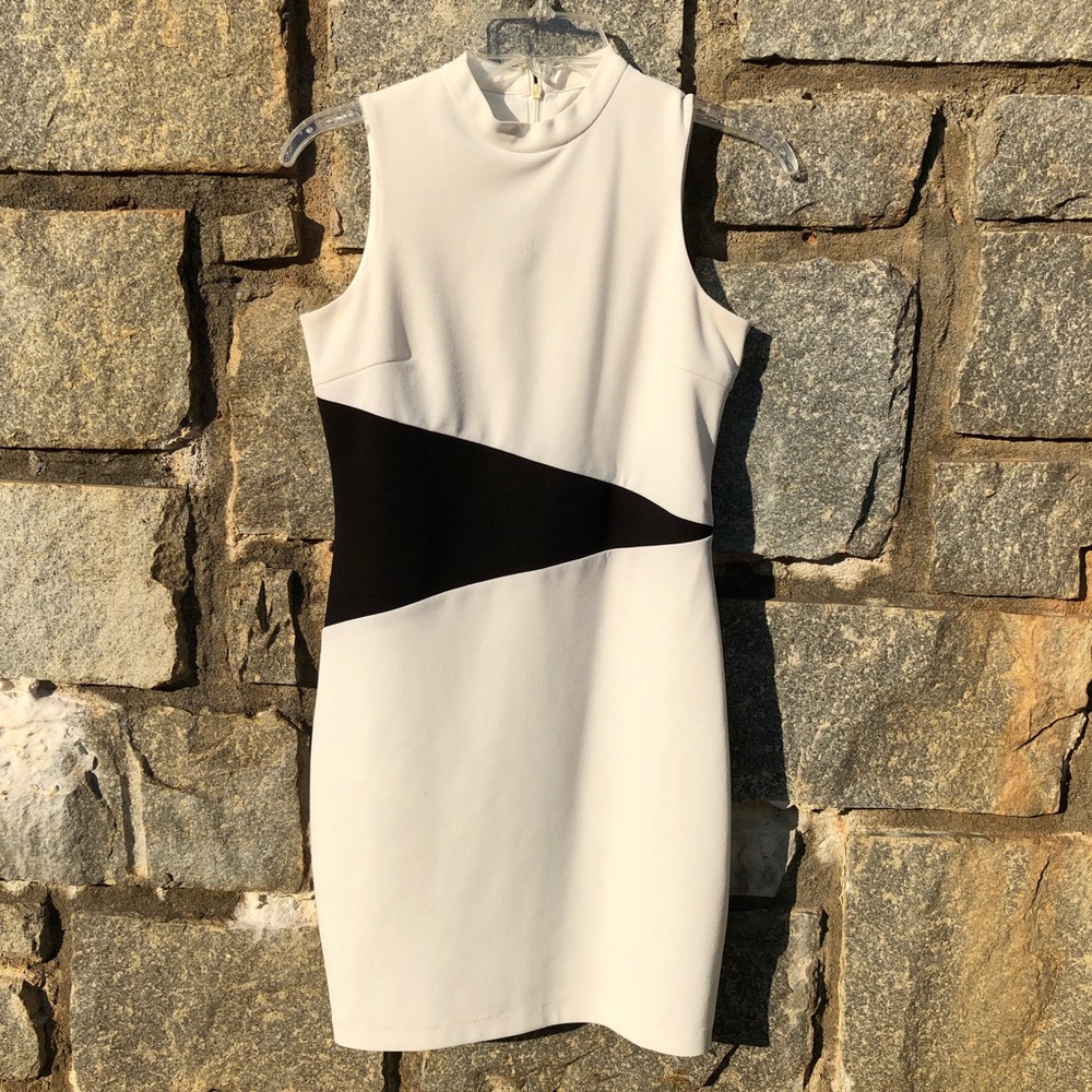 Asymmetrical black & white Neiman Marcus fitted bodycon dress